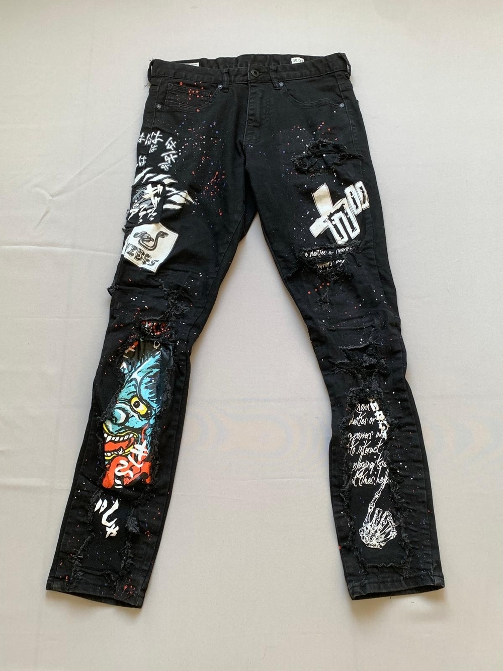 Smoke Rise NYC Black Graphic Distressed Skinny Jeans Men's Size 30x32 Streetwear
